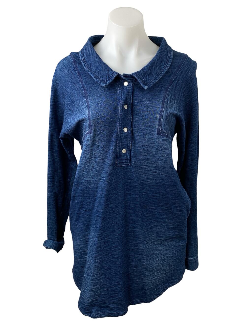 Free People Heathered Blue Collared Long Sleeve Button Tunic Mini Shirt Dress XS